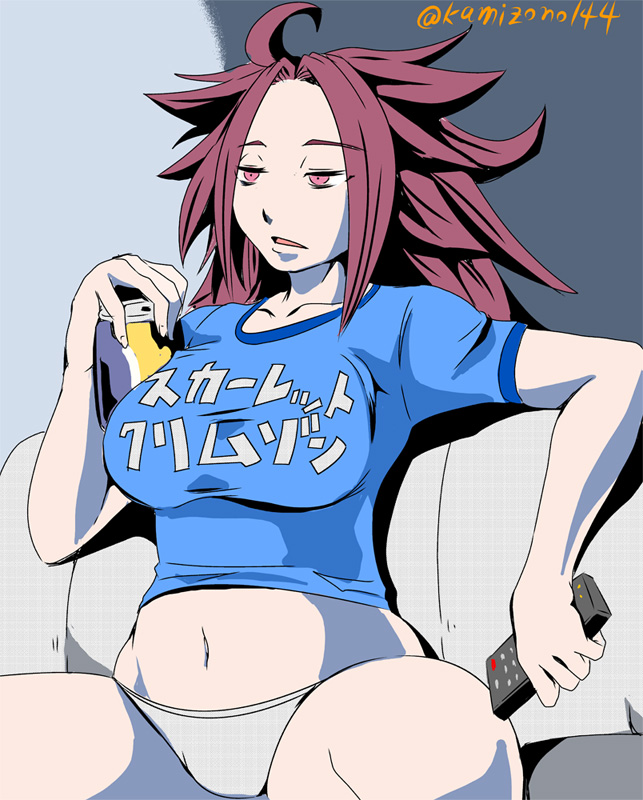 1girl artist_name beer_can breasts controller couch dress_shirt jun'you_(kantai_collection) kamizono_(spookyhouse) kantai_collection long_hair open_mouth panties purple_hair remote_control shirt solo spiky_hair translated underwear violet_eyes