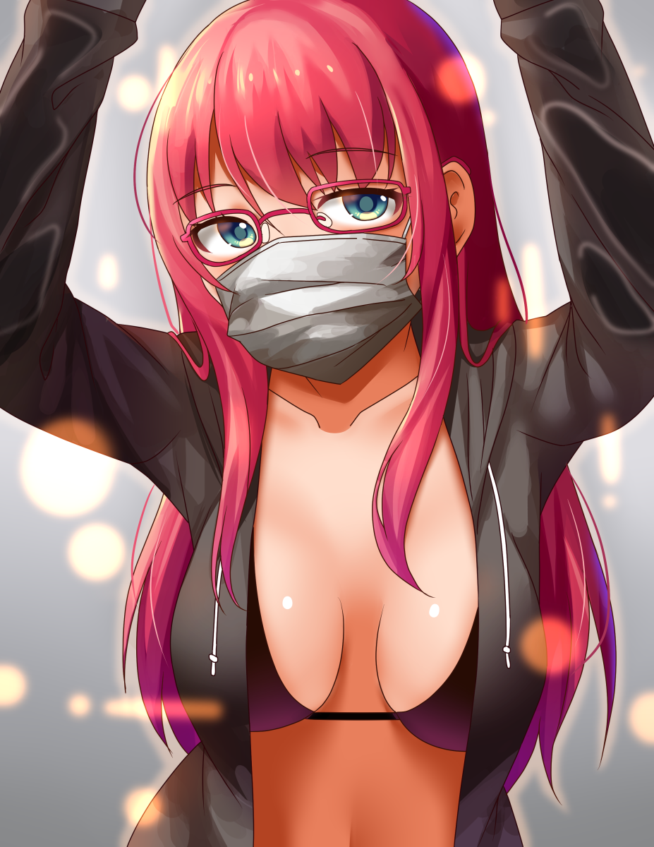 1girl bangs bikini bikini_top black_bikini blue_eyes breasts collarbone covered_mouth drawstring eyebrows eyebrows_visible_through_hair eyelashes glasses grey_background hands_up head_tilt highres jacket jacket_over_swimsuit large_breasts lens_flare long_hair long_sleeves looking_at_viewer mask open_clothes open_jacket original pink-framed_glasses sakaura_(layer255) solo surgical_mask swimsuit upper_body