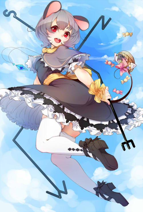 1girl airrabbityan animal_ears basket blue_sky blush candy capelet clouds cloudy_sky dowsing_rod dress frills full_body grey_hair jewelry jpeg_artifacts looking_at_viewer mary_janes mouse mouse_ears mouse_tail nazrin necklace open_mouth petticoat red_eyes ribbon sash shoes short_hair sky smile solo tail thigh-highs touhou upskirt white_legwear wrist_cuffs