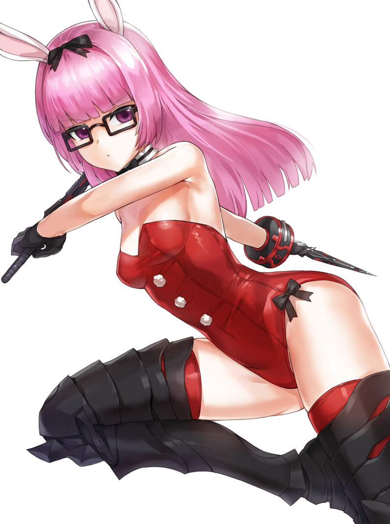 &gt;:o 1girl :o animal_ears armor armored_boots bangs bare_shoulders black-framed_glasses black_boots black_bow black_bowtie black_gloves blunt_bangs boots bow bowtie bracer breasts bunnysuit character_request closers detached_collar dual_wielding eyebrows eyebrows_visible_through_hair gloves hair_bow holding holding_sword holding_weapon kfr leotard long_hair looking_at_viewer md5_mismatch pink_hair pom_pom_(clothes) rabbit_ears red_legwear simple_background solo strapless strapless_leotard sword thigh-highs thigh_boots violet_eyes weapon white_background