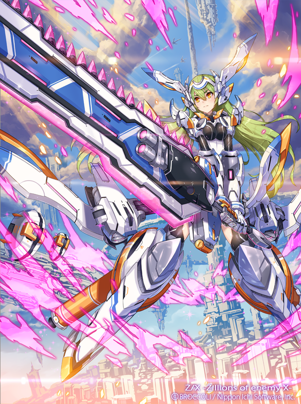 1girl 2d blush character_request cityscape commentary_request copyright_name full_body green_hair hair_between_eyes headgear long_hair mecha_musume moon original solo sunrise_stance sword weapon yellow_eyes z/x