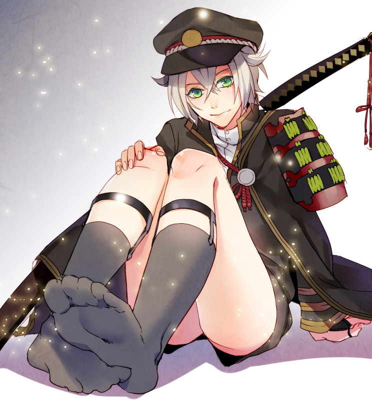 1boy armor cape fireflies garters green_eyes grey_legwear hat hotarumaru japanese_armor kairi_(strawberry_drop) kneehighs male_focus no_shoes object_namesake ootachi shorts silver_hair sitting smile sock_garters sode solo sword touken_ranbu weapon