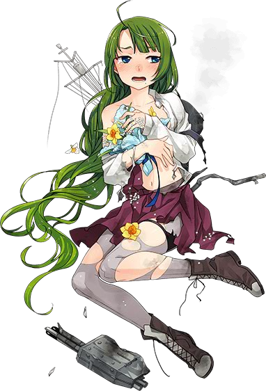 1girl ahoge blue_eyes blush boots broken collarbone covering cross-laced_footwear damaged dress flower fujikawa full_body green_eyes green_hair kantai_collection lace-up_boots long_hair long_sleeves looking_to_the_side mole mole_under_mouth navel official_art open_mouth pantyhose purple_legwear school_uniform sitting skirt solo teeth torn_blouse torn_clothes torn_dress torn_pantyhose transparent_background very_long_hair white_blouse yokozuwari yuugumo_(kantai_collection)