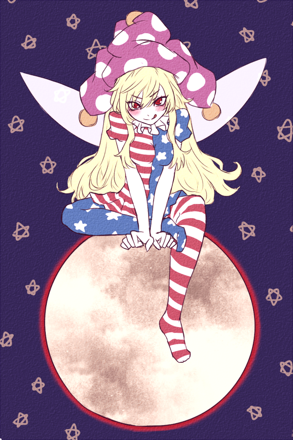1girl american_flag_legwear american_flag_shirt blonde_hair blush clownpiece collar fairy_wings frilled_collar frills hat jester_cap licking_lips long_hair looking_at_viewer miata_(pixiv) moon pantyhose polka_dot red_eyes revision shirt short_sleeves simple_background sitting sketch solo star striped tongue tongue_out touhou wings