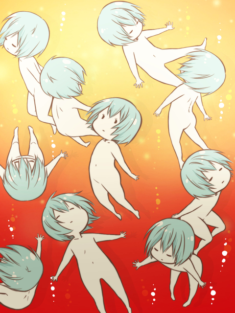 ayanami_rei belly_button blue_hair bubble chibi clone floating gradient gradient_background lcl multiple_girls neon_genesis_evangelion no_nipples nude orihara_sachiko underwater