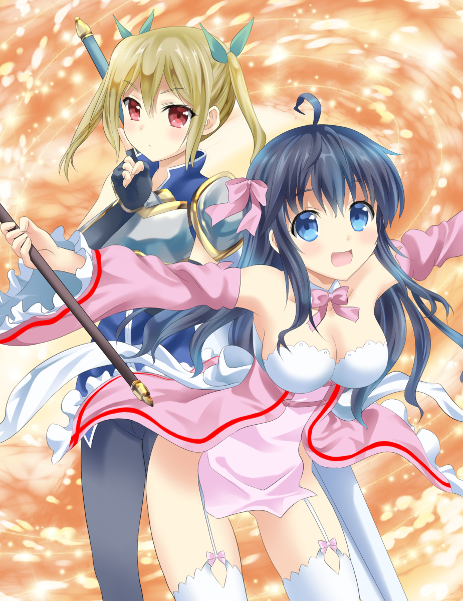 2girls :d commentary_request highres kanmimi multiple_girls netoge_no_yome_wa_onna_no_ko_janai_to_omotta? open_mouth outstretched_arms segawa_akane smile spread_arms tamaki_ako thigh-highs