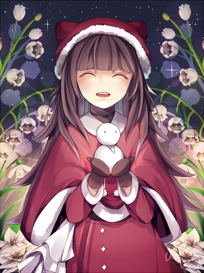 1girl :d ^_^ ameriya animal_hat artist_name blush brown_hair cat_hat closed_eyes deemo floral_background flower fur_trim girl_(deemo) hat lily_(flower) long_hair long_sleeves mittens open_mouth signature smile snowman solo sparkle star_(sky) turtleneck