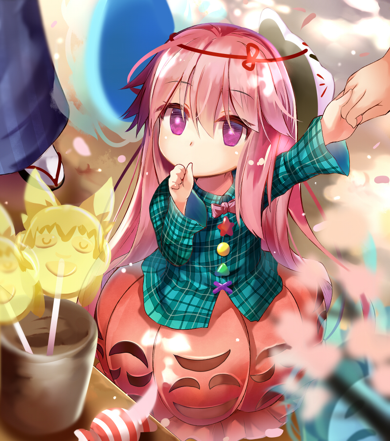 1girl bubble_skirt candy efe face_mask fox_mask hata_no_kokoro holding_hands lollipop long_hair long_sleeves mask new_mask_of_hope pink_hair shirt skirt solo_focus thumb_sucking touhou very_long_hair violet_eyes wide_sleeves younger