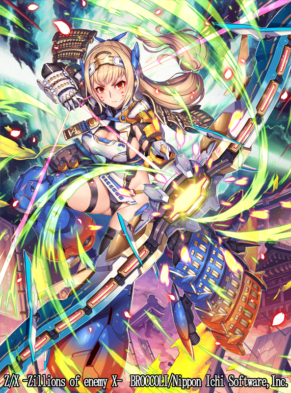 1girl 2d armor black_legwear blonde_hair blush bow_(weapon) breasts cleavage commentary_request copyright_name energy_arrow facial_mark full_body gauntlets hair_ribbon hairband headgear highleg highleg_leotard japanese_armor large_breasts leotard long_hair looking_at_viewer low_ponytail mecha_musume original red_eyes ribbon sideboob solo thigh-highs tied_hair tsurime weapon z/x