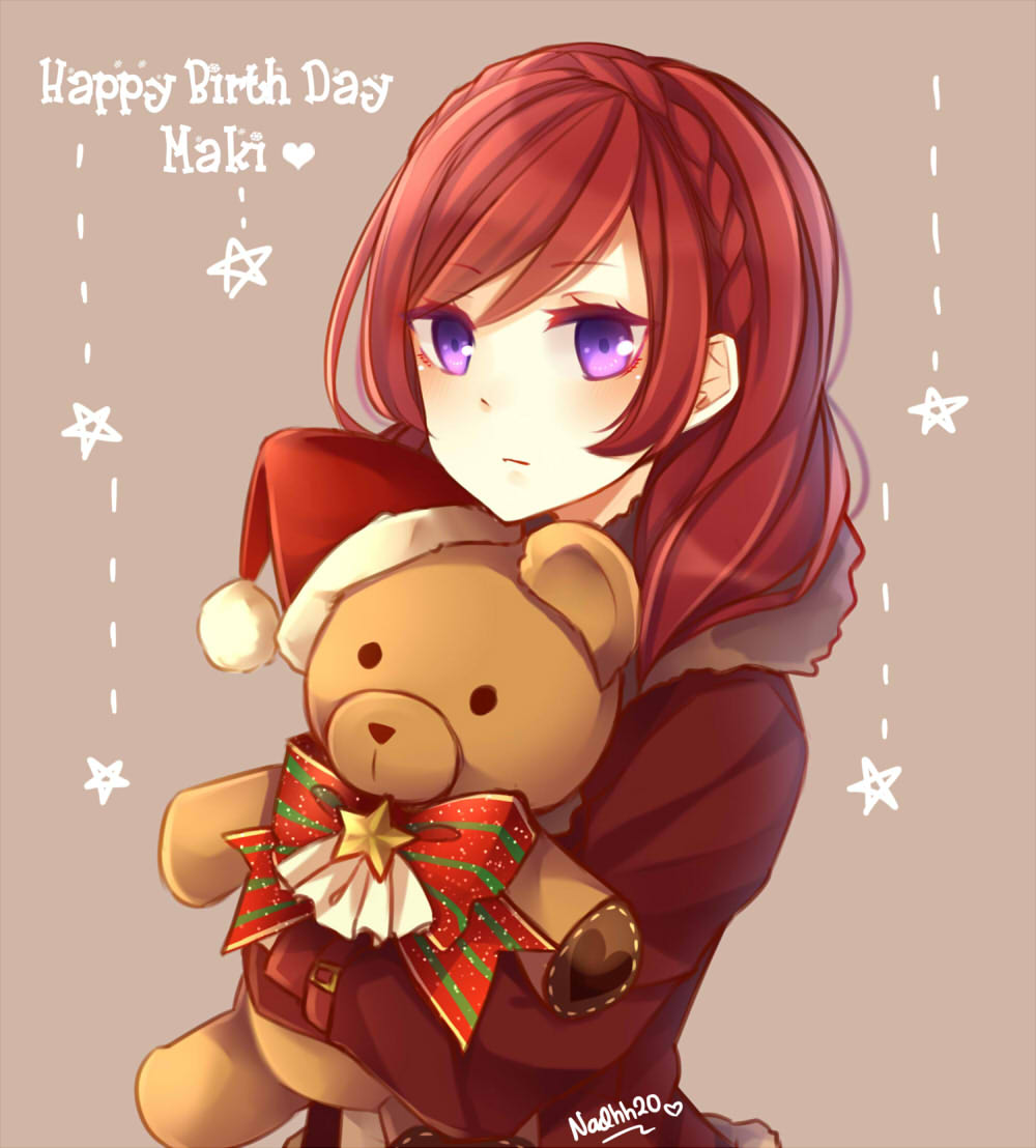 1girl birthday english happy_birthday hat love_live!_school_idol_project nishikino_maki redhead santa_hat short_hair solo stuffed_animal stuffed_toy teddy_bear violet_eyes