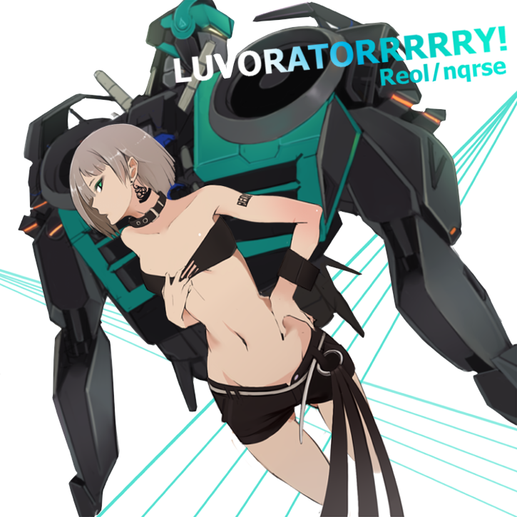 1girl bad_id bandeau bangs bare_shoulders belt black_nails black_shorts character_name collar collarbone cropped_legs earrings flat_chest grey_hair groin hand_on_hip hand_on_own_chest jewelry looking_at_viewer luvoratorrrrry!_(vocaloid) machinery midriff nail_polish navel niconico peeled_apple profile pulled_by_self reol ring short_hair shorts shoulder_tattoo solo song_name standing stomach strapless tattoo vocaloid white_background wrist_cuffs