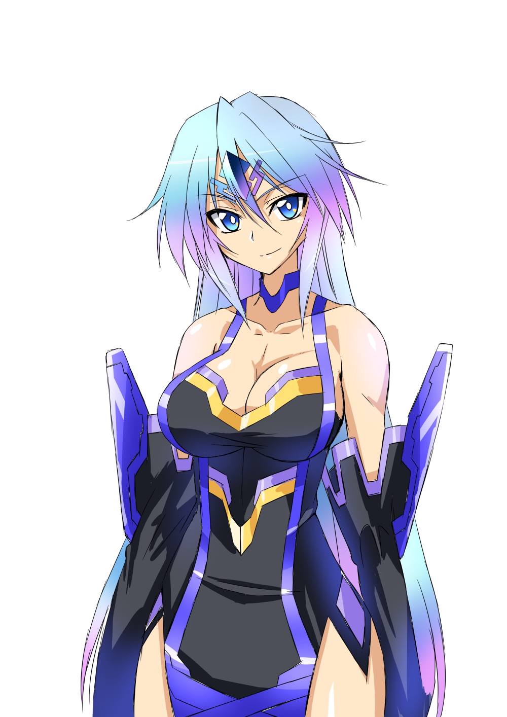 1girl bare_shoulders blue_eyes blue_hair bnc_(bunshi) breasts character_request cleavage collarbone commentary_request cowboy_shot detached_sleeves gradient_hair highres large_breasts long_hair looking_at_viewer multicolored_hair orichalcum_reycal purple_hair smile solo tsurime