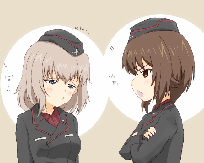 &gt;:o 2girls :&gt; :o anger_vein angry beige_background black_hat black_jacket blue_eyes blush brown_eyes brown_hair commentary_request crossed_arms from_side garrison_cap girls_und_panzer hat itsumi_erika jacket long_sleeves looking_away looking_down md5_mismatch military military_uniform multiple_girls nishizumi_maho open_mouth profile short_hair silver_hair simple_background sync_(id_12519877) text translation_request uniform upper_body