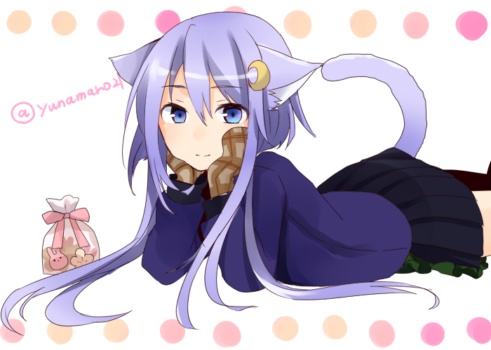 1girl animal_ears black_skirt blue_eyes blush brown_gloves cat_ears cat_tail crescent crescent_hair_ornament gloves hair_ornament kantai_collection long_hair long_sleeves looking_at_viewer lying mittens on_stomach pleated_skirt purple_hair skirt smile solo tail twitter_username yayoi_(kantai_collection) yuna_(yukiyuna)