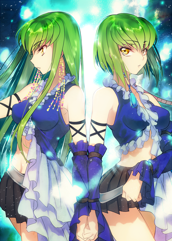 1girl bare_shoulders breasts c.c. code_geass cosplay covered_nipples creayus detached_sleeves dual_persona final_fantasy final_fantasy_x final_fantasy_x-2 green_hair holding_hands lenne lenne_(cosplay) long_hair looking_at_viewer midriff navel pleated_skirt short_hair skirt yellow_eyes yuna_(ff10) yuna_(ff10)_(cosplay)