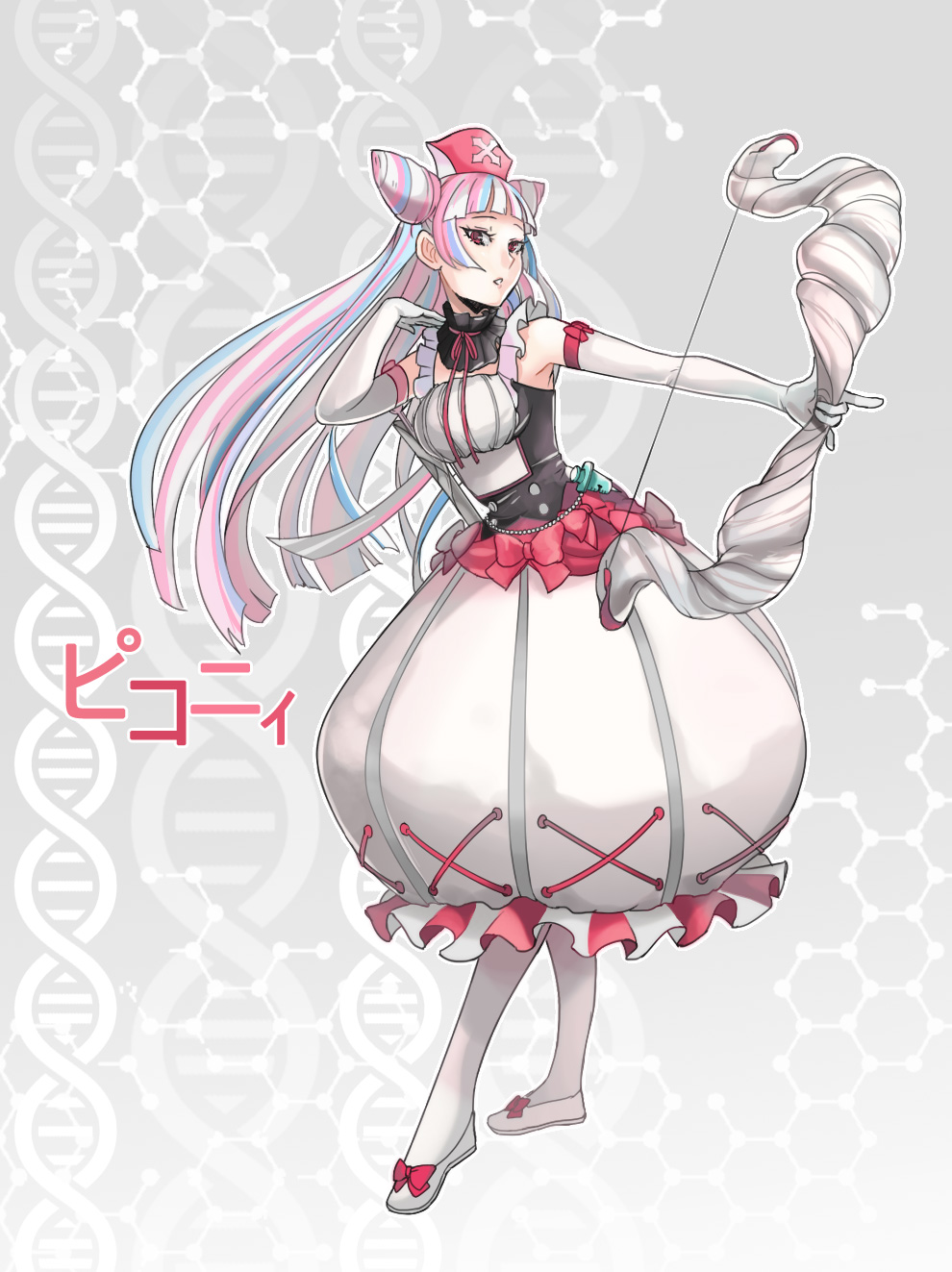 1girl awii bangs blue_hair blunt_bangs bow bow_(weapon) dna_strand dress elbow_gloves full_body gloves hat highres long_hair merc_storia multicolored_hair parted_lips pink_hair pointing red_eyes shoes solo standing weapon white_dress white_gloves white_legwear white_shoes