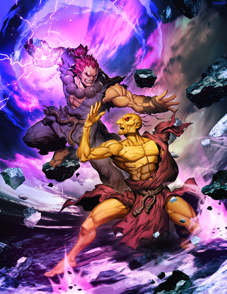 2boys abs barefoot battle beads dark_skin energy_ball fang fighting_stance floating_rocks full_body genzoman glowing glowing_eyes gouki grin male_focus manly multiple_boys muscle old_man oro_(street_fighter) pectorals prayer_beads red_eyes redhead rope sandals smile street_fighter street_fighter_iii tied_sleeves topknot yellow_skin