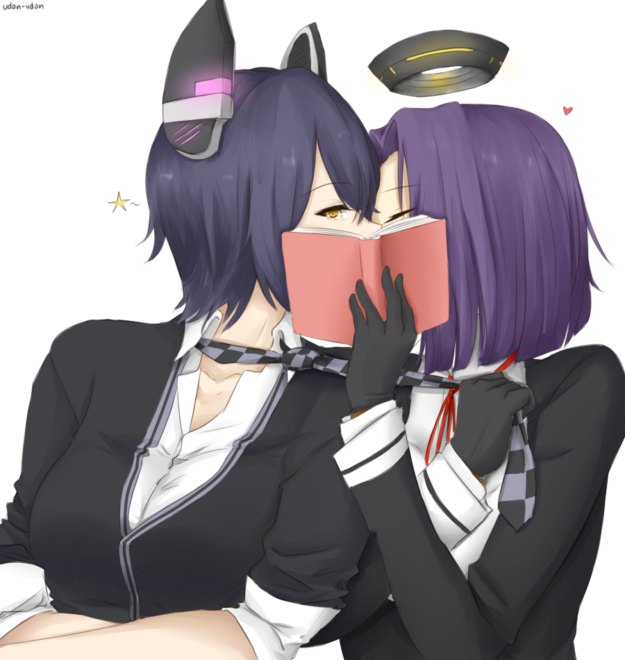 2girls book checkered checkered_necktie closed_eyes covering_face gloves headgear heart kantai_collection kiss looking_at_viewer mechanical_halo multiple_girls necktie purple_hair short_hair star tatsuta_(kantai_collection) tenryuu_(kantai_collection) udon-udon yellow_eyes yuri