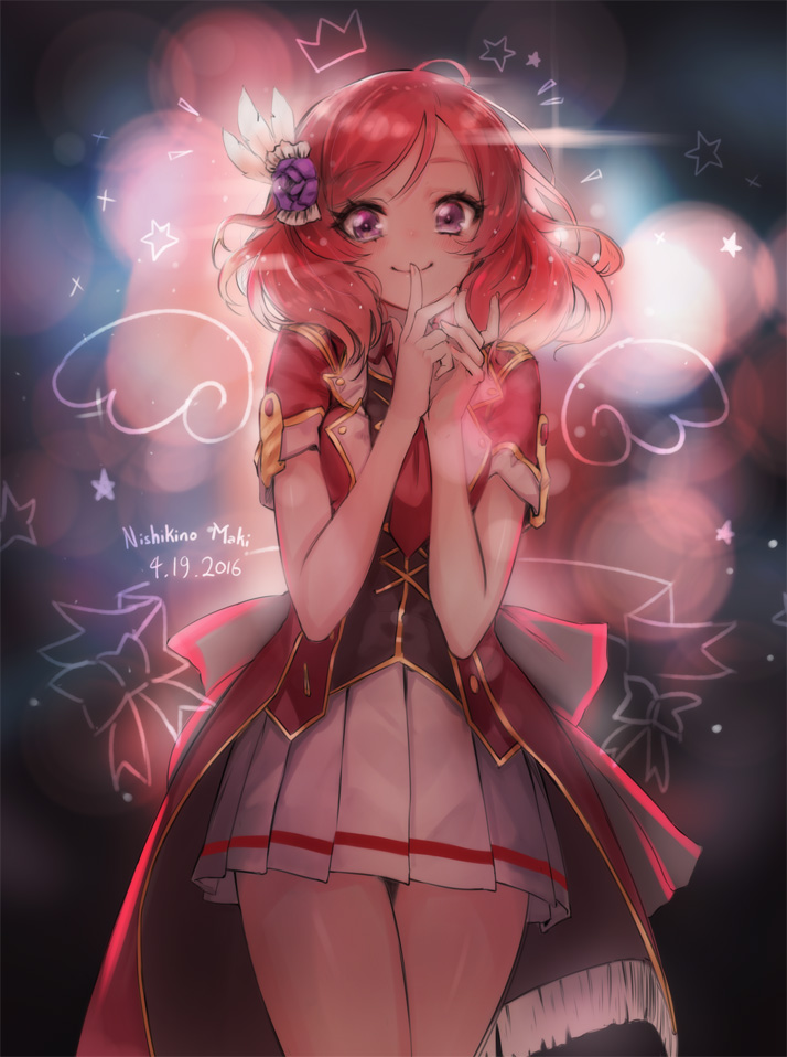 1girl 2016 bangs blush bow character_name closed_mouth cowboy_shot crown dated eyebrows eyebrows_visible_through_hair eyelashes finger_to_mouth flower hair_flower hair_ornament lens_flare looking_at_viewer love_live!_school_idol_project mins_(minevi) nishikino_maki pleated_skirt redhead short_sleeves shushing skirt smile solo star swept_bangs thigh_gap violet_eyes white_skirt wings