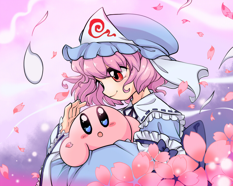 1girl 1other atto_maru blue_eyes blush_stickers cherry_blossoms crossover cute eye_contact hal_laboratory_inc. hat hitodama hoshi_no_kirby human kirby kirby_(series) long_sleeves looking_at_another mob_cap nintendo open_mouth parted_lips petals pink_hair pink_puff_ball profile red_eyes ribbon saigyouji_yuyuko short_hair smile team_shanghai_alice touhou trait_connection triangular_headpiece upper_body veil wide_sleeves