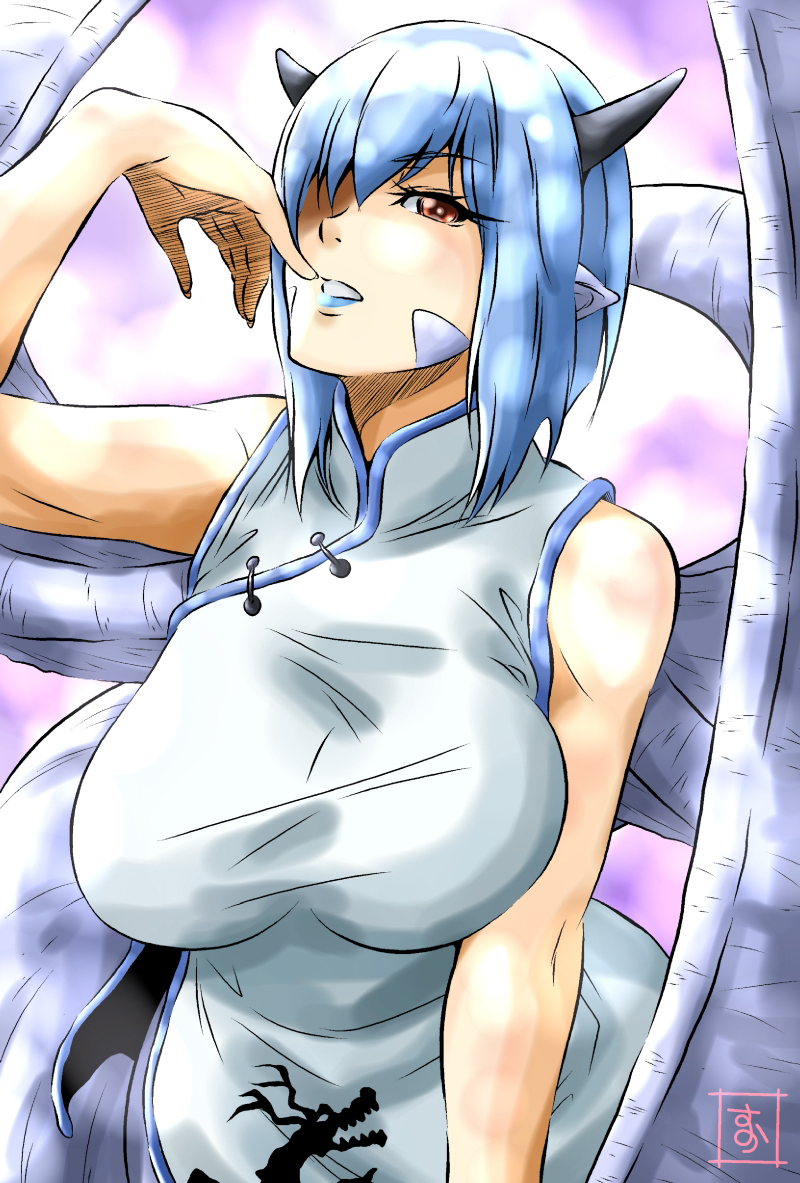 1girl blue_hair blue_lips breasts china_dress chinese_clothes dragon_girl dragon_horns dragon_wings dress hair_over_one_eye horns lamia melusine_(monster_musume) monster_girl monster_musume_no_iru_nichijou orange_eyes pointy_ears s-now scales short_hair signature sleeveless solo taut_clothes wings