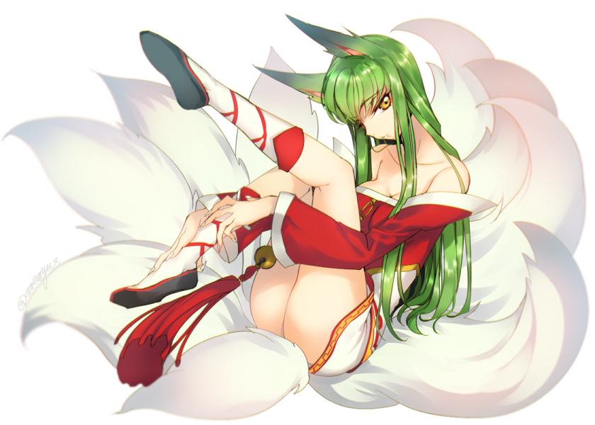 1girl ahri ahri_(cosplay) animal_ears artist_name bangs bell black_shoes breasts c.c. cleavage closed_mouth code_geass creayus detached_sleeves expressionless fetal_position fingernails fox_ears fox_tail full_body green_hair head_tilt jingle_bell kemonomimi_mode kneehighs korean_clothes league_of_legends legs_up long_fingernails long_legs long_sleeves multiple_tails shoes simple_background solo tail tassel thighs tsurime white_background white_legwear yellow_eyes