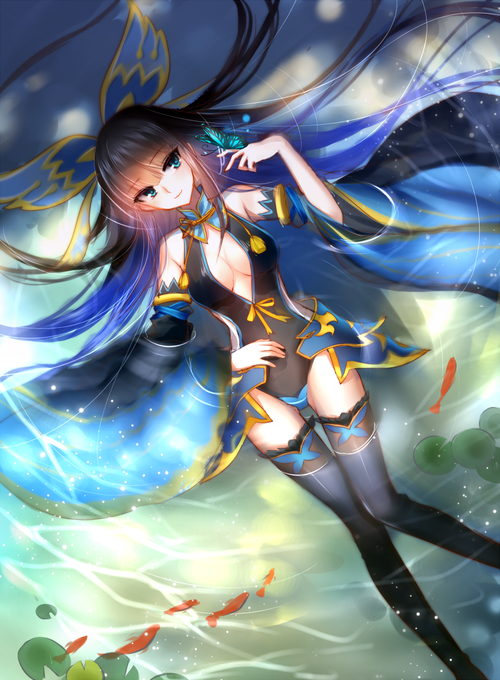 1girl black_hair black_legwear blue_eyes breasts butterfly cleavage detached_sleeves fish highres leotard lily_pad long_hair lying meaomao nie_xiaoqian on_back partially_submerged sangai_senki sitting solo thigh-highs very_long_hair