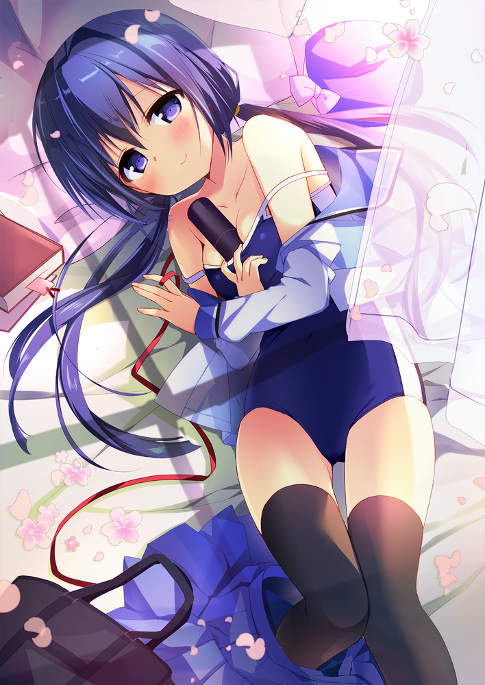 1girl :&gt; bag bangs between_breasts black_legwear blue_hair blue_skirt blue_swimsuit blush book book_stack breasts cherry_blossoms closed_mouth collarbone curtains eyebrows_visible_through_hair graduation hair_between_eyes light_smile long_hair low_twintails lying medium_breasts nagayama_yuunon on_back one-piece_swimsuit original petals pleated_skirt school_bag school_swimsuit school_uniform skirt skirt_removed smile solo strap_slip swimsuit thigh-highs twintails violet_eyes