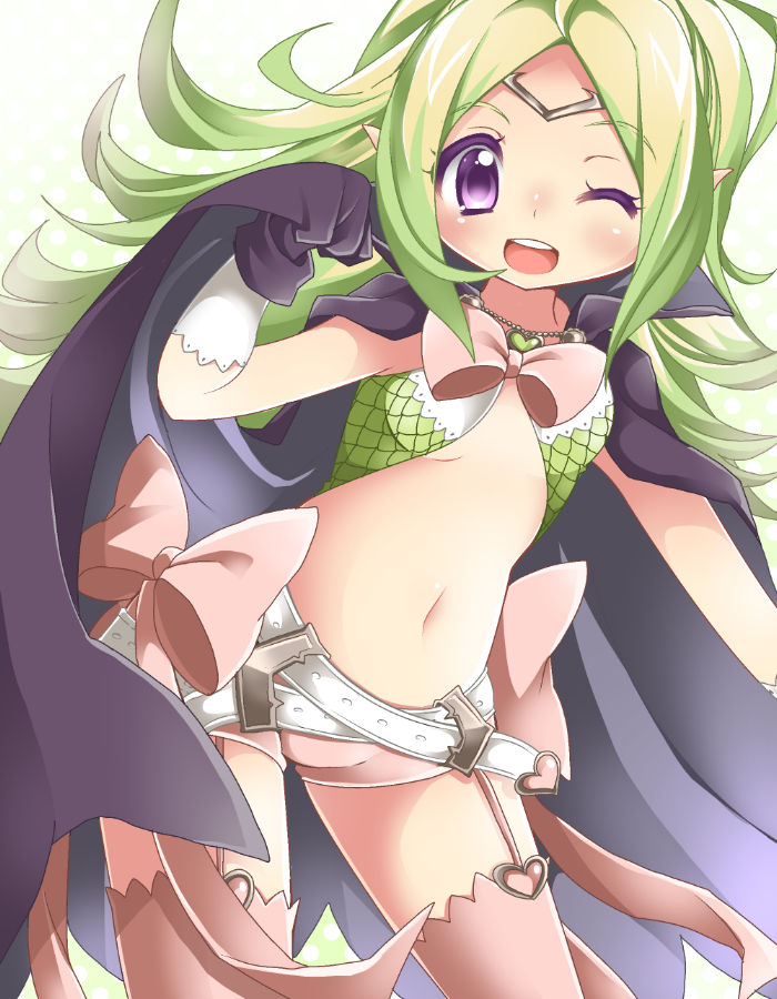 1girl bow cape fire_emblem fire_emblem:_kakusei flat_chest garter_straps gloves green_hair momosemocha nowi_(fire_emblem) one_eye_closed pink_legwear pointy_ears shorts solo thigh-highs violet_eyes