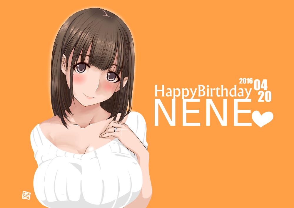 1girl 2016 anegasaki_nene aoi_manabu blush breasts brown_eyes brown_hair character_name cleavage collarbone dated happy_birthday jewelry large_breasts looking_at_viewer love_plus mole mole_under_eye ribbed_sweater ring smile solo sweater upper_body