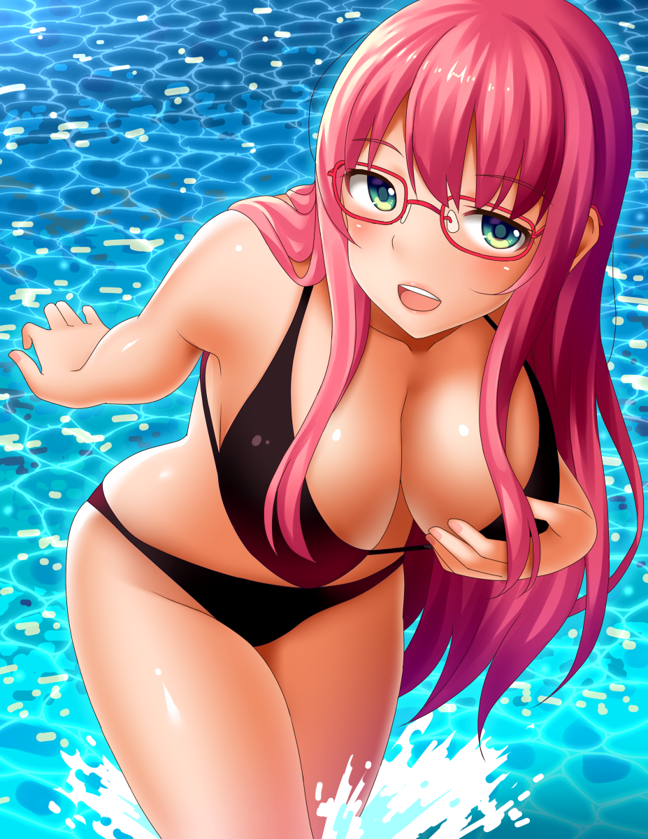1girl bikini breasts cleavage glasses green_eyes highres large_breasts long_hair looking_at_viewer original pink_hair red-framed_glasses sakaura_(layer255) smile solo swimsuit thighs very_long_hair water