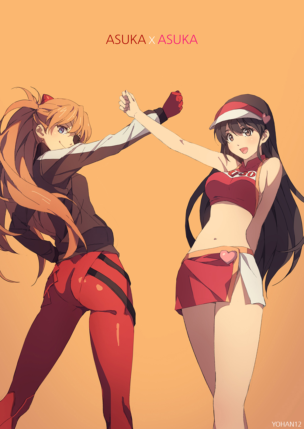 2girls :d arm_behind_back arm_up artist_name ass bangs bare_shoulders black_hair blue_eyes blush bodysuit breasts character_name clenched_hand closed_mouth clothes_writing crop_top crossover evangelion:_3.0_you_can_(not)_redo eyepatch from_behind future_gpx_cyber_formula gloves hair_between_eyes halterneck hand_on_hip happy headgear heart highres jacket kneepits legs_apart legs_together long_hair long_sleeves looking_at_viewer looking_back midriff miniskirt multiple_girls namesake navel neon_genesis_evangelion open_mouth orange_background orange_eyes orange_hair outstretched_arm pencil_skirt pilot_suit plugsuit pose racequeen raised_fist rebuild_of_evangelion shikinami_asuka_langley side_slit sidelocks single_vertical_stripe skirt slender_waist smile souryuu_asuka_langley standing sugou_asuka tape track_jacket two_side_up very_long_hair visor_cap yohan12