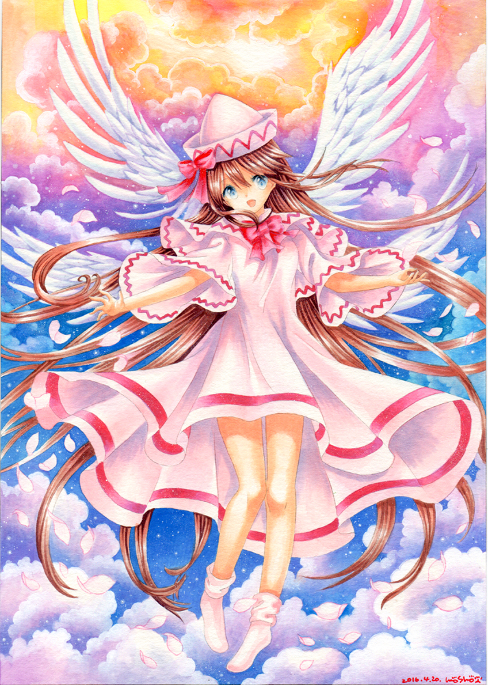 1girl alternate_wings angel_wings blue_eyes blue_sky bow brown_hair capelet clouds dated dress hat lily_white long_hair marker_(medium) mosho multiple_wings open_mouth petals signature sky smile solo touhou traditional_media very_long_hair watercolor_(medium) white_dress wide_sleeves wings