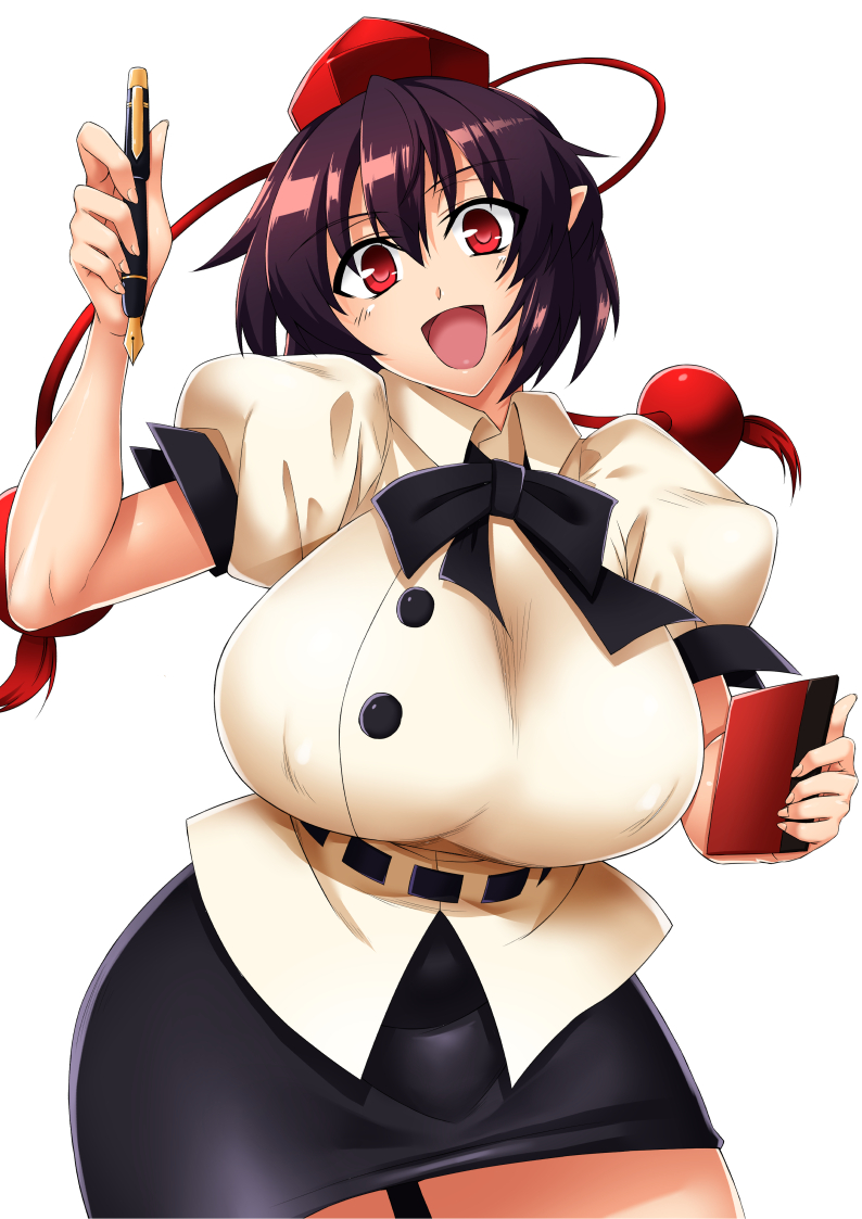 1girl :d belt black_bow black_bowtie black_hair black_skirt bnc_(bunshi) bow bowtie breasts collared_shirt commentary_request covered_nipples cowboy_shot hat large_breasts looking_at_viewer miniskirt notebook open_mouth pen pointy_ears puffy_short_sleeves puffy_sleeves red_eyes shameimaru_aya shirt short_hair short_sleeves skirt smile solo tokin_hat touhou white_background white_shirt