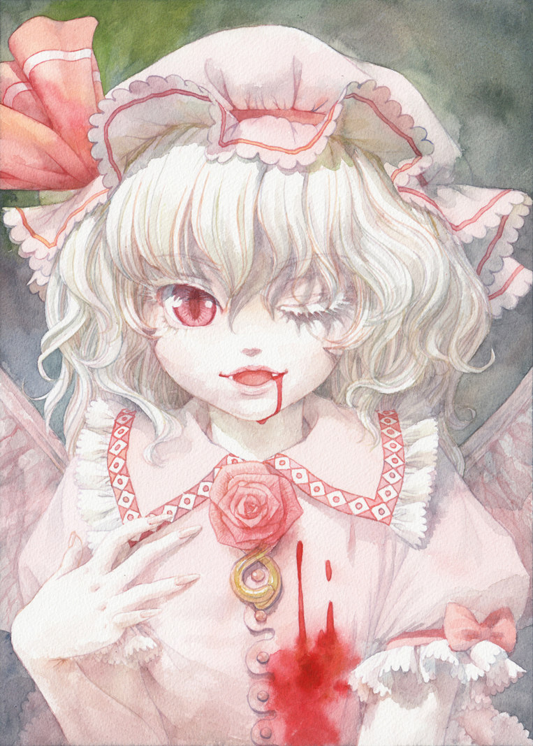 1girl albino ascot bat_wings blood blood_in_mouth bloody_clothes calligraphy_brush_(medium) dress fangs flower hat hat_ribbon looking_at_viewer misawa_hiroshi mob_cap one_eye_closed open_mouth pink_dress puffy_short_sleeves puffy_sleeves red_eyes red_rose remilia_scarlet ribbon rose short_sleeves silver_hair solo touhou traditional_media upper_body watercolor_(medium) white_hair wings
