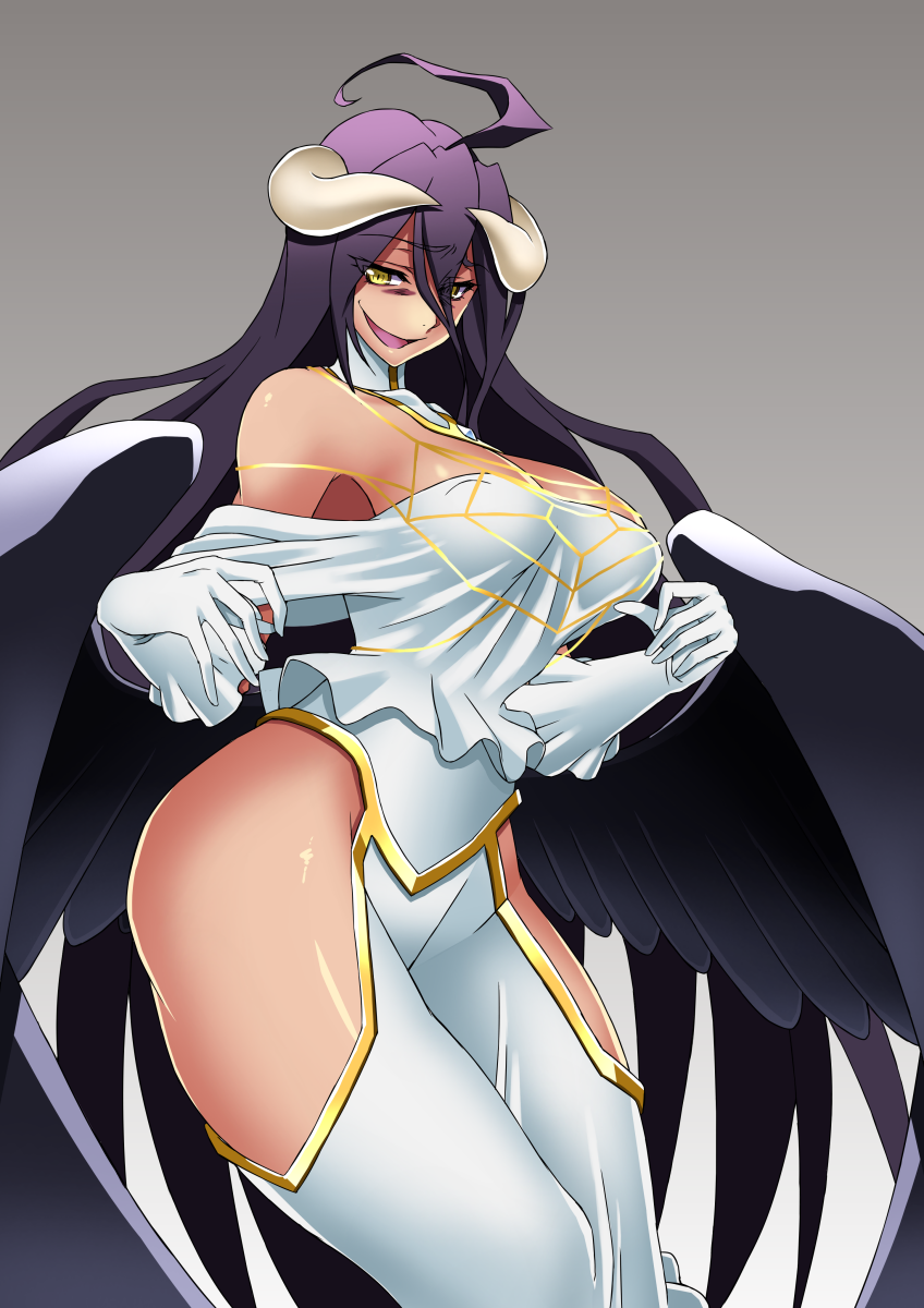 1girl :d ahoge albedo bare_shoulders black_hair black_wings bnc_(bunshi) breasts cleavage commentary cowboy_shot demon_girl demon_horns dress gloves highres hip_vent horns large_breasts long_hair looking_at_viewer open_mouth overlord_(maruyama) smile solo white_dress white_gloves wings yellow_eyes