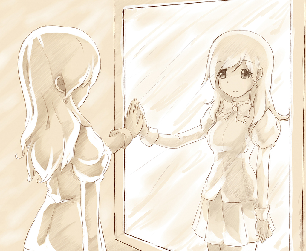 1girl artist_request beige dress enomoto_saki from_behind katawa_shoujo long_hair looking_at_another mirror monochrome outstretched_arm reflection school_uniform sepia short_sleeves smile solo tears visible_ears what_if