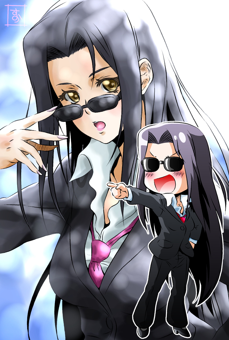 1girl black_hair blush chibi dual_persona formal hand_in_pocket long_hair looking_over_glasses monster_musume_no_iru_nichijou ms._smith necktie open_mouth pant_suit pantyhose pointing s-now signature suit sunglasses very_long_hair yellow_eyes