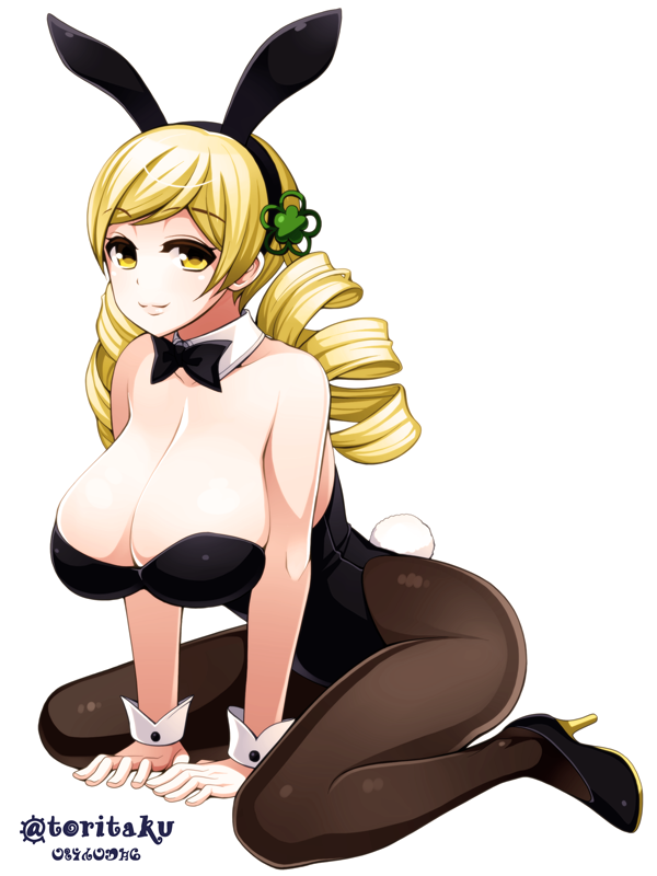 1girl animal_ears arm_support bangs bare_shoulders between_legs black_bow black_bowtie black_legwear black_leotard black_shoes blonde_hair bow bowtie breasts bunny_girl bunny_tail bunnysuit cleavage closed_mouth detached_collar drill_hair eyebrows eyebrows_visible_through_hair fake_animal_ears full_body hair_ornament hairband hand_between_legs high_heels large_breasts leotard long_hair looking_at_viewer mahou_shoujo_madoka_magica pantyhose rabbit_ears shoes simple_background sitting smile solo strapless strapless_leotard swept_bangs tail tomoe_mami torigoe_takumi twin_drills twintails twitter_username wariza white_background wrist_cuffs yellow_eyes