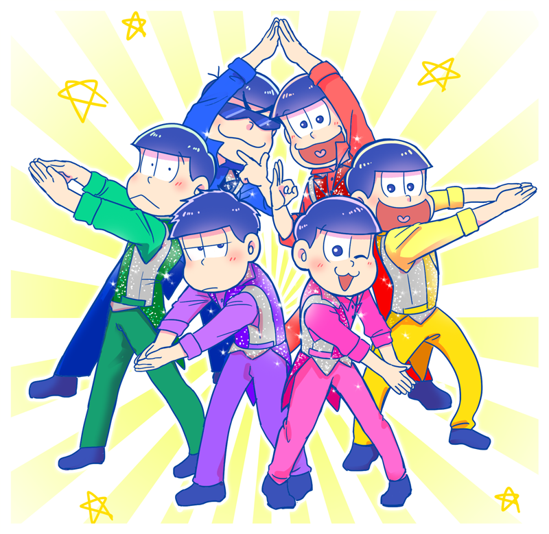 6+boys :&lt; ;) black_hair bowl_cut brothers chin_stroking heart heart_in_mouth kenya_junior matsuno_choromatsu matsuno_ichimatsu matsuno_juushimatsu matsuno_karamatsu matsuno_osomatsu matsuno_todomatsu messy_hair multiple_boys one_eye_closed osomatsu-kun osomatsu-san sextuplets siblings smile star star_arms sunburst sunglasses vest