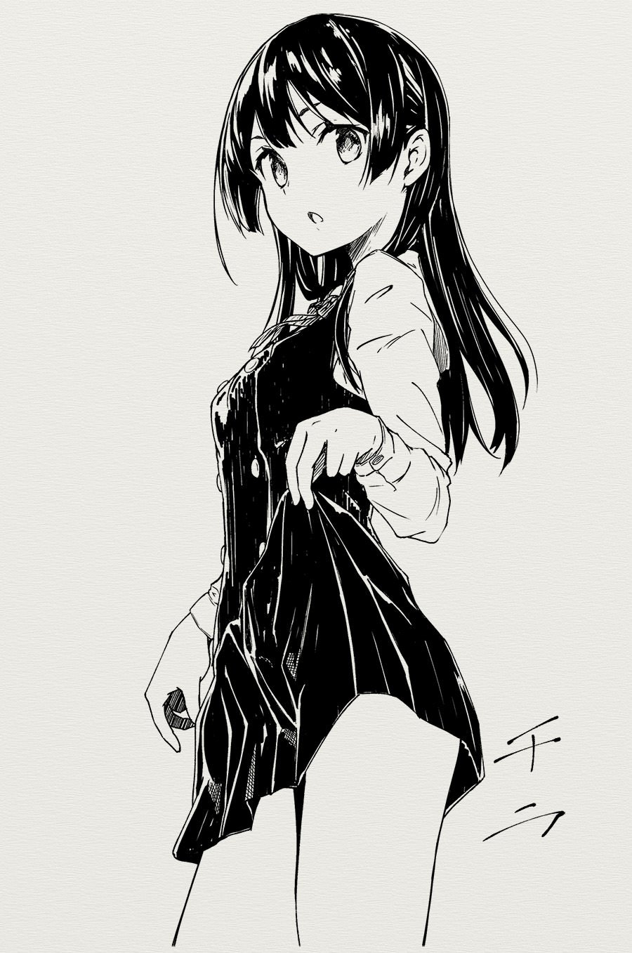 1girl black_hair greyscale highres hiwatari_rin long_hair looking_at_viewer monochrome open_mouth pleated_skirt school_uniform skirt skirt_hold solo traditional_media