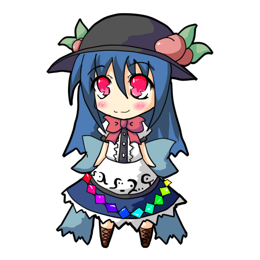 1girl :3 black_hat blue_dress blue_hair blush boots brown_boots chibi cross-laced_footwear dress food food_on_head fruit fruit_on_head full_body hat hinanawi_tenshi keystone kuga_takuto lace-up_boots leaf long_hair object_on_head peach puffy_short_sleeves puffy_sleeves red_eyes short_sleeves simple_background smile solo touhou white_background