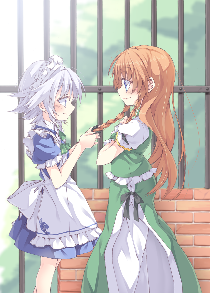 2girls apron black_bow blue_eyes blush bow braid braiding_hair green_bow hair_bow hairdressing highres hong_meiling ina_(inadahime) izayoi_sakuya long_hair long_skirt maid_headdress multiple_girls orange_hair outdoors pants puffy_short_sleeves puffy_sleeves short_sleeves silver_hair skirt smile standing touhou twin_braids wrist_cuffs