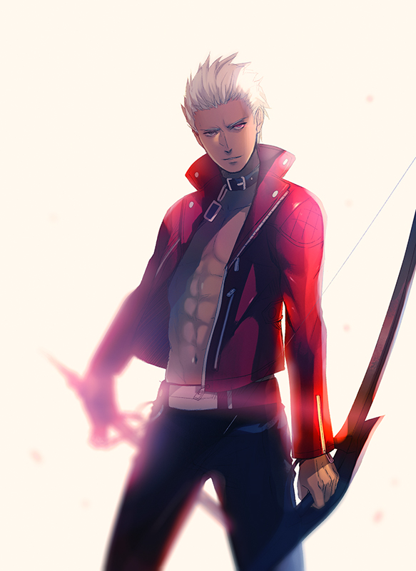 1boy abs archer arms_at_sides backlighting beige_background belt black_eyes black_pants blurry bow_(weapon) chain chest collar cowboy_shot dark_skin depth_of_field fate/extra fate/extra_ccc fate_(series) glowing glowing_eye heterochromia holding holding_weapon jacket legs_apart lens_flare long_sleeves looking_at_viewer male_focus open_clothes open_jacket pants parted_lips petals porigon red_eyes shade simple_background solo unzipped weapon white_hair zipper