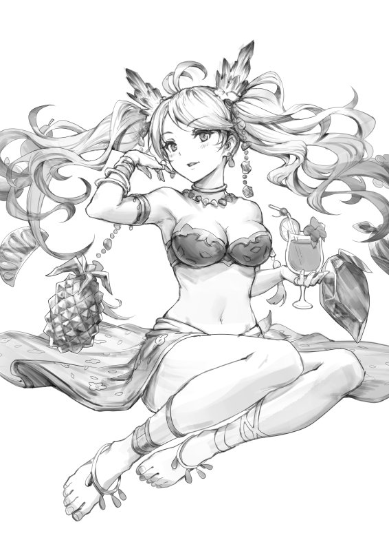1girl anklet antenna_hair arm_up armlet armpits bangs bare_legs bare_shoulders barefoot barefoot_sandals bikini blush bracelet breasts cleavage cocktail_glass cup cupping_glass de_la_fille drinking_glass drinking_straw earrings eyebrows eyebrows_visible_through_hair flower food fruit gem gou_(ga673899) granblue_fantasy greyscale hair_ornament holding_cup jewelry leg_wrap legs_folded legs_together lime_(fruit) long_hair looking_at_viewer monochrome navel necklace orange orange_slice pear pineapple ring sarong sitting smile solo stomach strap strapless strapless_bikini swept_bangs swimsuit twintails wavy_hair white_background