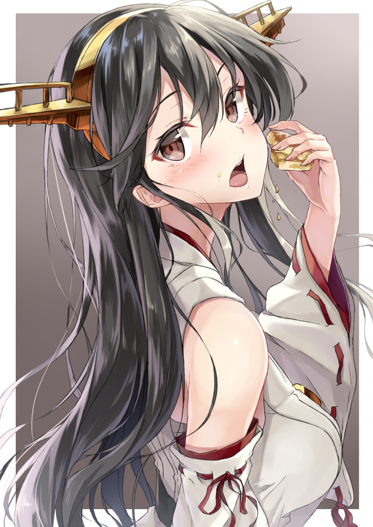 1girl black_hair brown_eyes eating food food_on_face hairband haruna_(kantai_collection) japanese_clothes kakao_rantan kantai_collection long_hair nontraditional_miko ribbon-trimmed_sleeves ribbon_trim scone solo