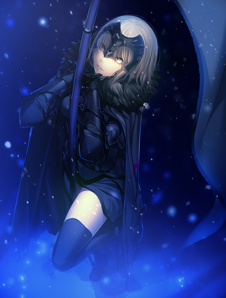 1girl armor armored_dress bangs black_dress black_legwear blonde_hair cape dress eyelashes fate/apocrypha fate/grand_order fate_(series) flag from_above full_body fur_trim gauntlets headpiece interlocked_fingers jeanne_alter light_particles looking_at_viewer motion_blur own_hands_together parted_lips porigon ruler_(fate/apocrypha) ruler_(fate/grand_order) shade short_hair silver_hair solo thigh-highs yellow_eyes