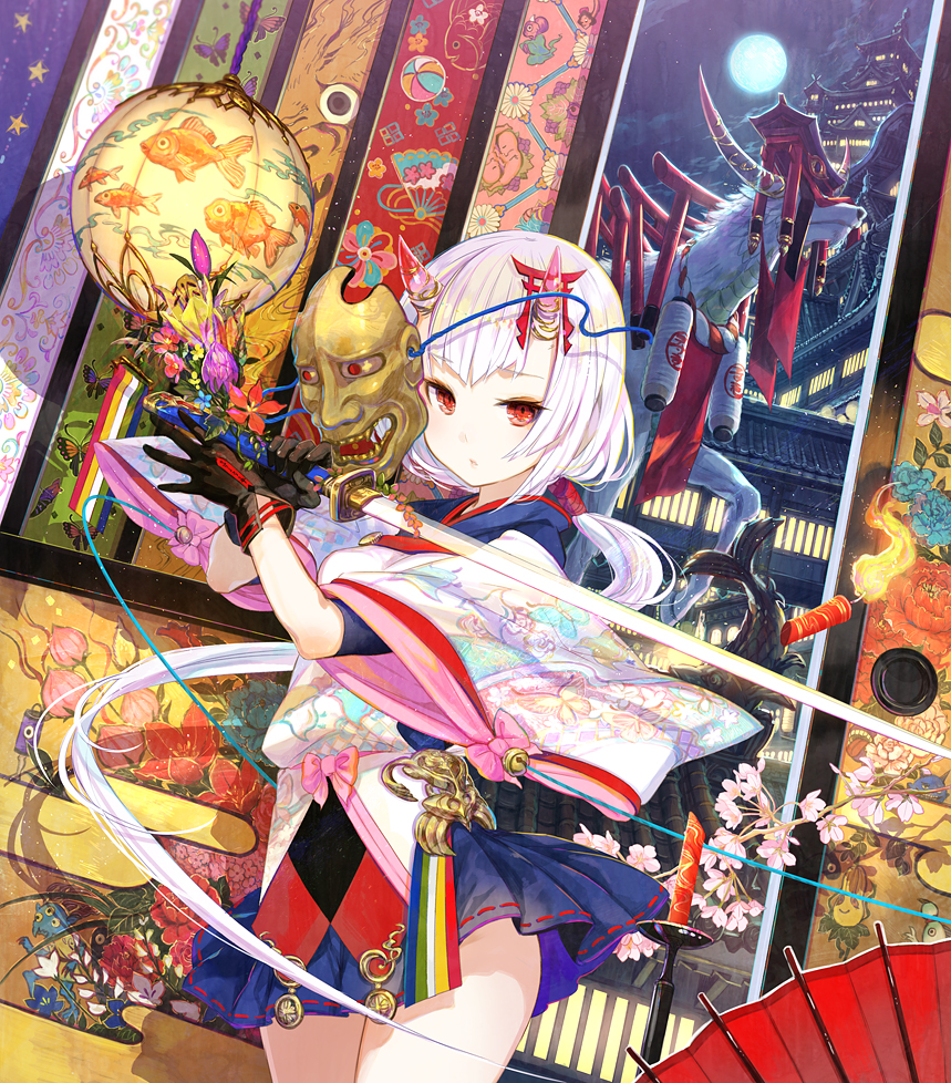 1girl ball black_gloves castle cherry_blossoms cowboy_shot face_mask floral_print fuji_choko full_moon gloves horns japanese_clothes katana long_hair looking_at_viewer low_ponytail mask md5_mismatch moon oni oni_horns original red_eyes shirt silver_hair skirt solo statue sword thighs twig very_long_hair weapon