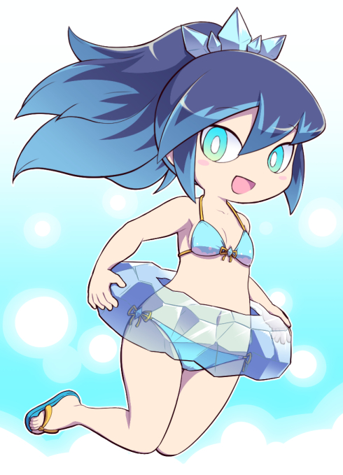 1girl aqua_eyes bikini blue_hair female fubukihime ice innertube long_hair looking_at_viewer multicolored_hair navel no_socks nollety open_mouth ponytail purple_hair sandals small_breasts solo swimsuit two-tone_hair youkai youkai_watch