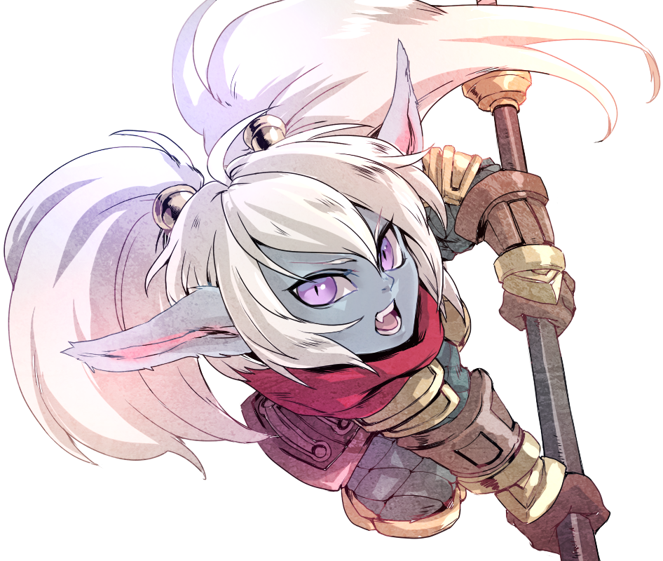 1girl armor blue_skin brown_gloves gloves league_of_legends long_hair non_(nonzile) open_mouth pointy_ears poppy solo twintails violet_eyes weapon white_background white_hair yordle